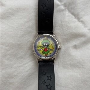 Vintage Marvin the Martian Character Watch - Black leather Strap